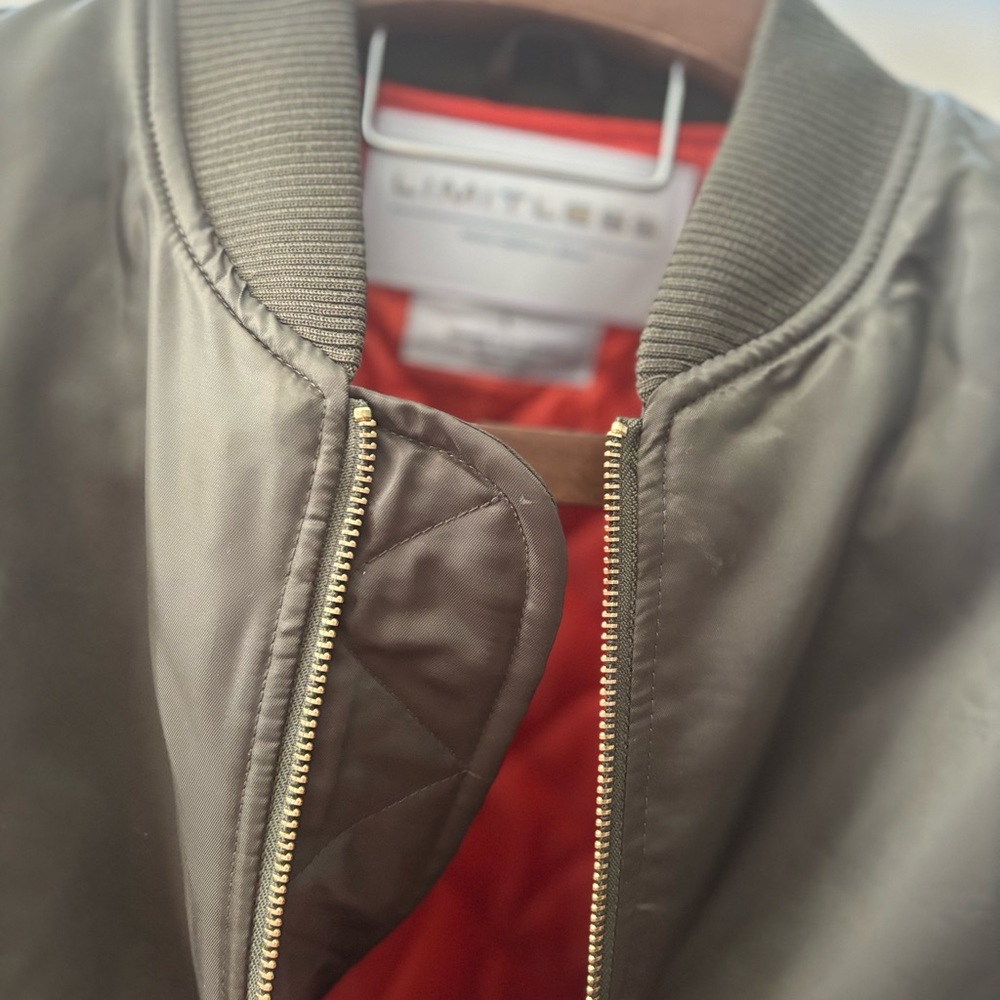 Limitless Olive Bomber‎ Jacket with Red Lining large chest 46 in  length 29 in